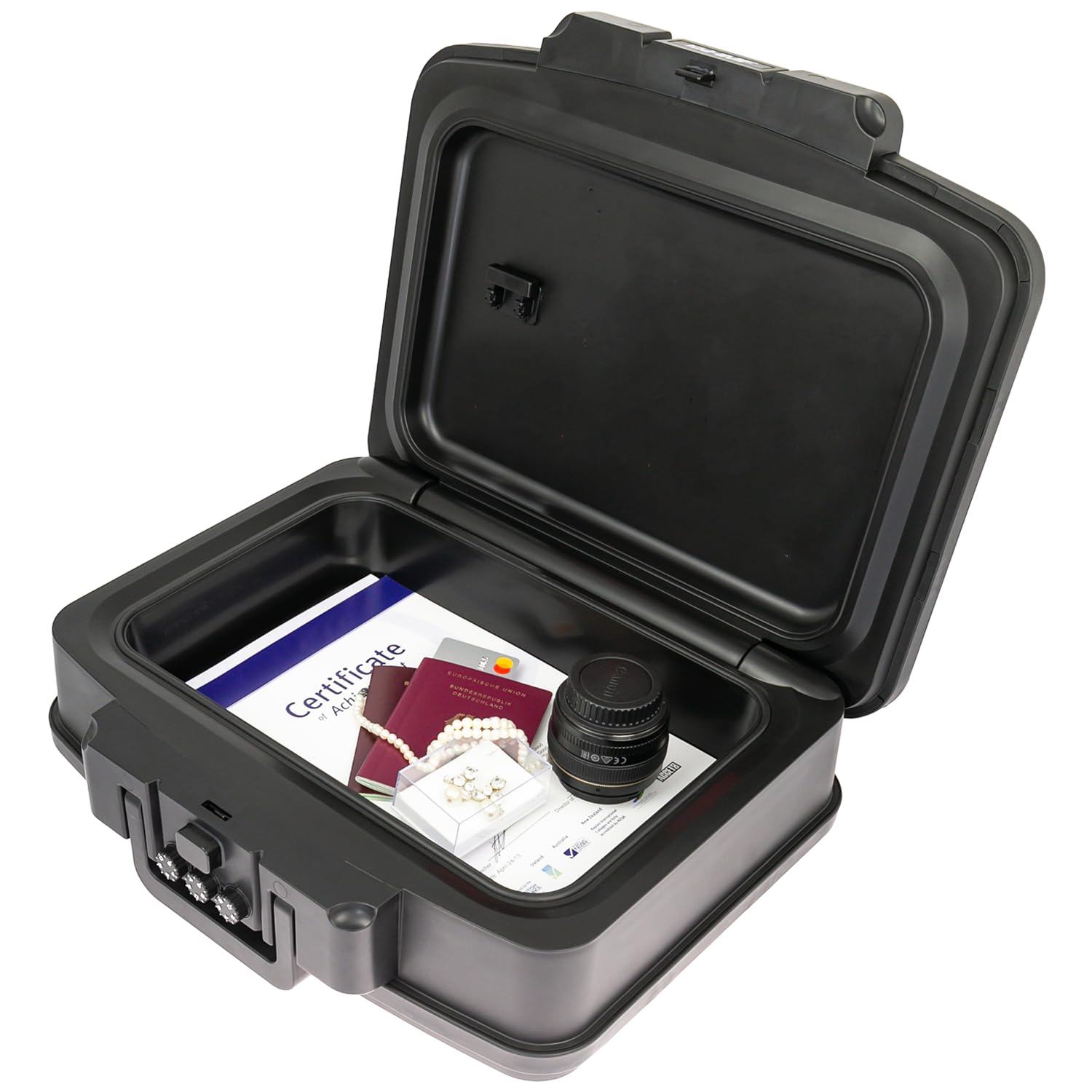 HMF 250437 - Scatola portadocumenti impermeabile con serratura a combinazione, formato DIN A4, 44,5 x 16,5 x 33 cm, colore: Nero