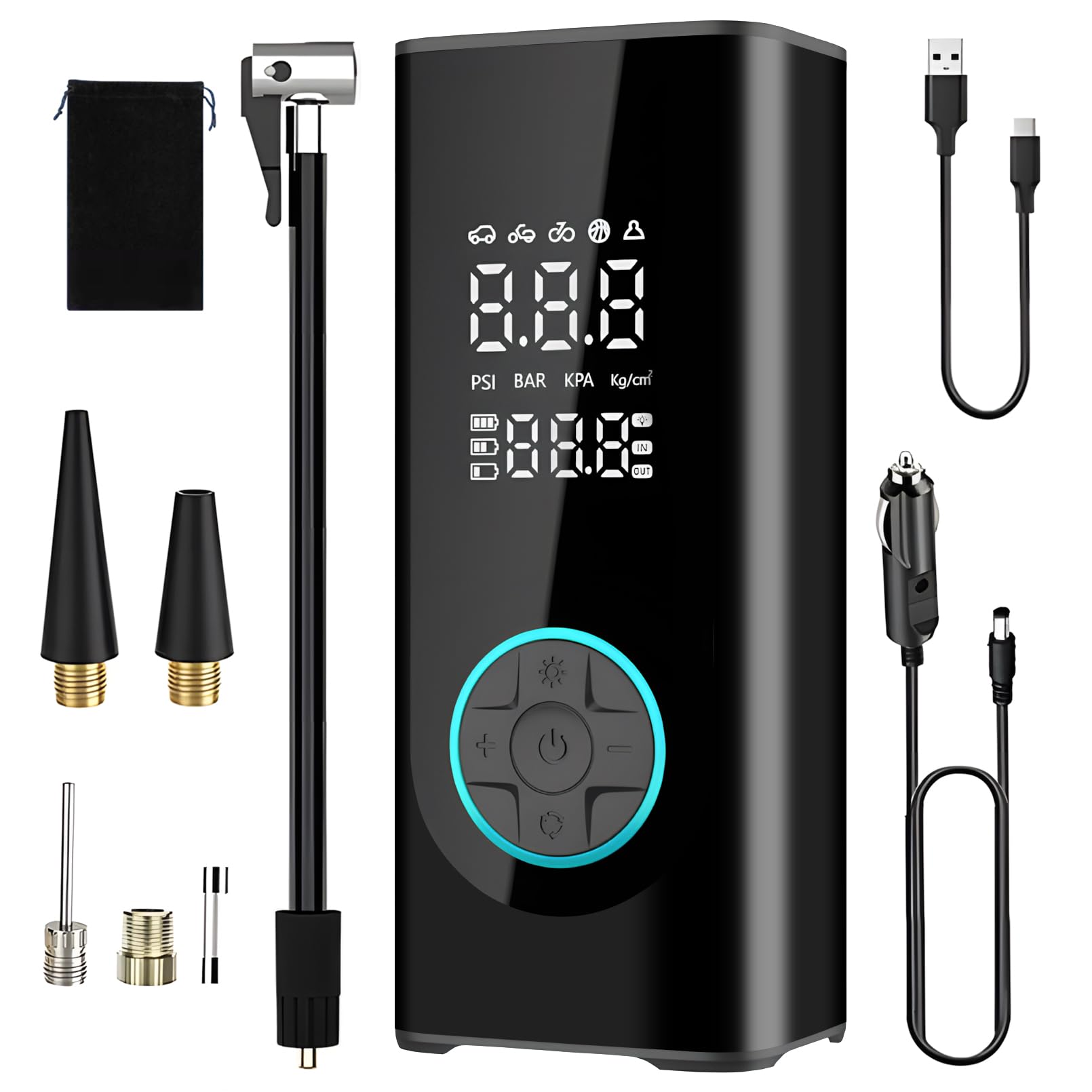 Higoom Reifenfüller, tragbarer Luftkompressor, digitaler Reifenfüller, universell für Autos, Motorräder, Fahrräder & Bälle, voreingestellter Reifendruck, automatische Abschaltung, 3-Modus LED-Licht