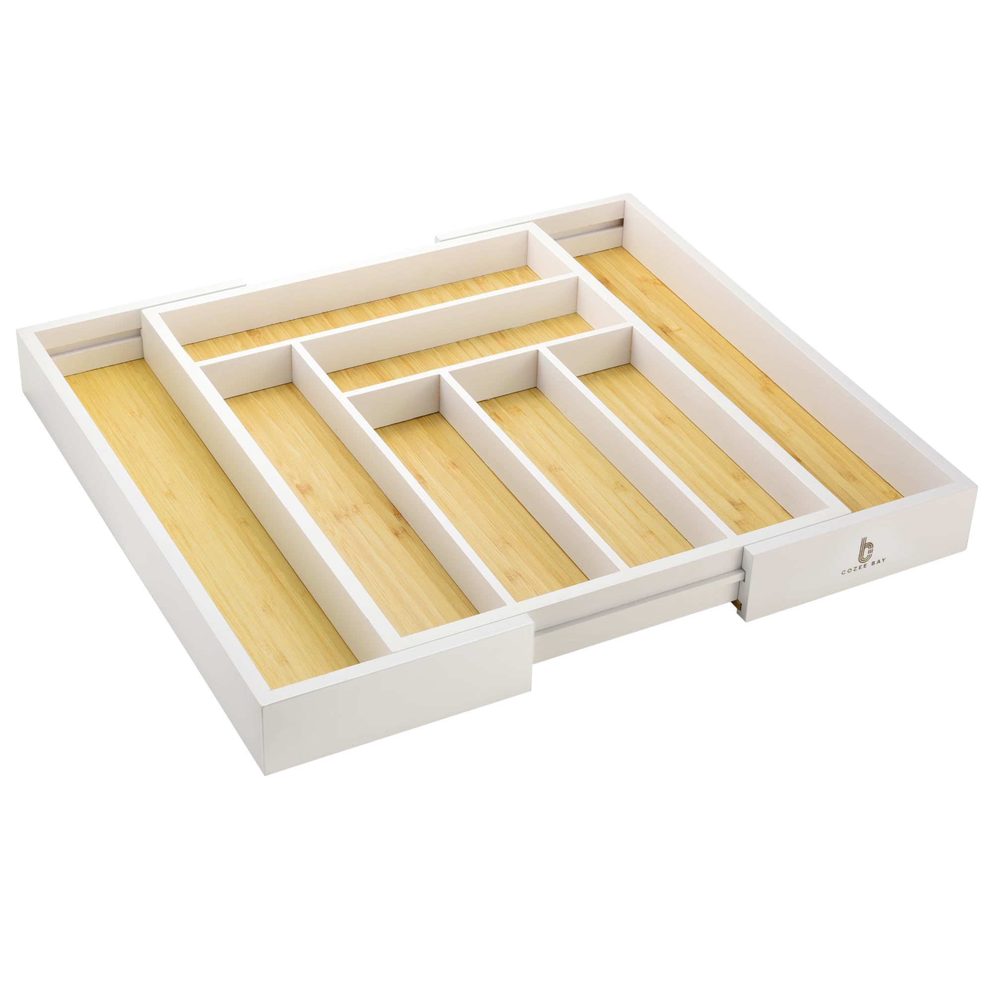 Bamboo drawer organizer, utensil holder, silverware organizer, and adjustable cutlery tray with drawer dividers, for kitchen, office desk, and bathroom storage (White)