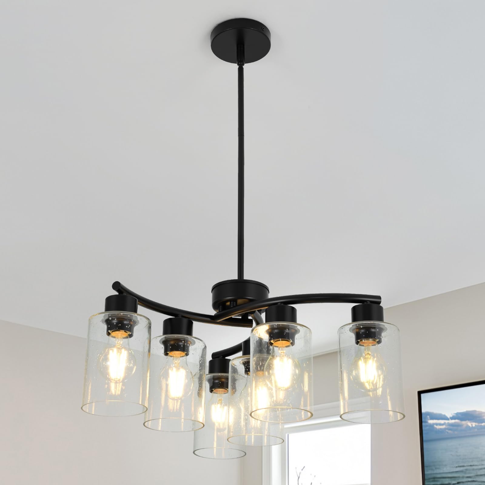 Photo 1 of KUSSCO 6-Light Modern Chandelier Black Chandeliers for Dining Room Seeded Glass Pendant Lights for Kitchen Island Living Room Foyer Bedroom E26 Base