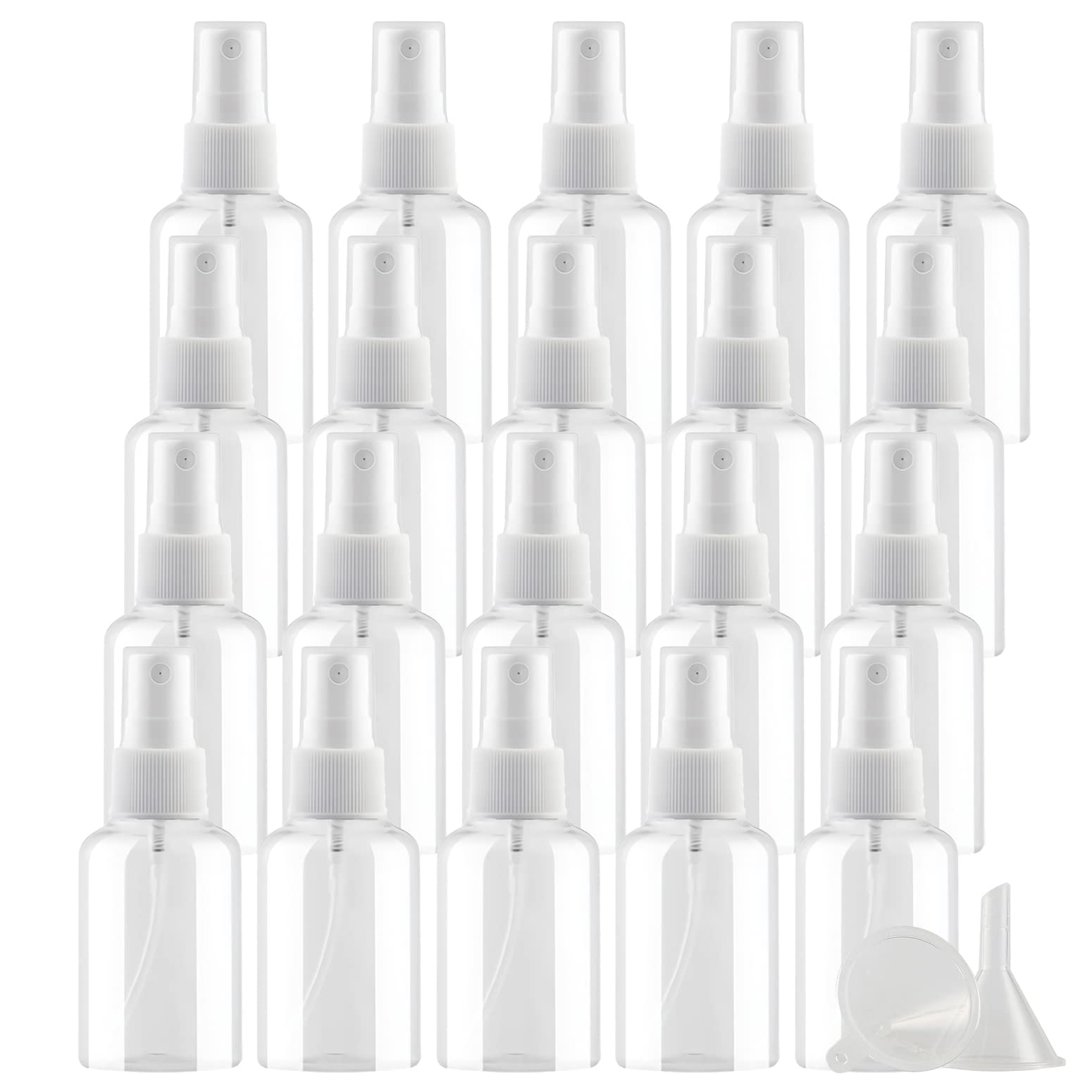 50 Stück Leere Transparent 50ml Kunststoff Sprühflasche mit Weiß Zerstäuber Flasche, Tragbar Feinen Nebel Pumpzerstäuber Parfümzerstäuber Zerstäuberflasche Reise Flakons, 6x Trichter
