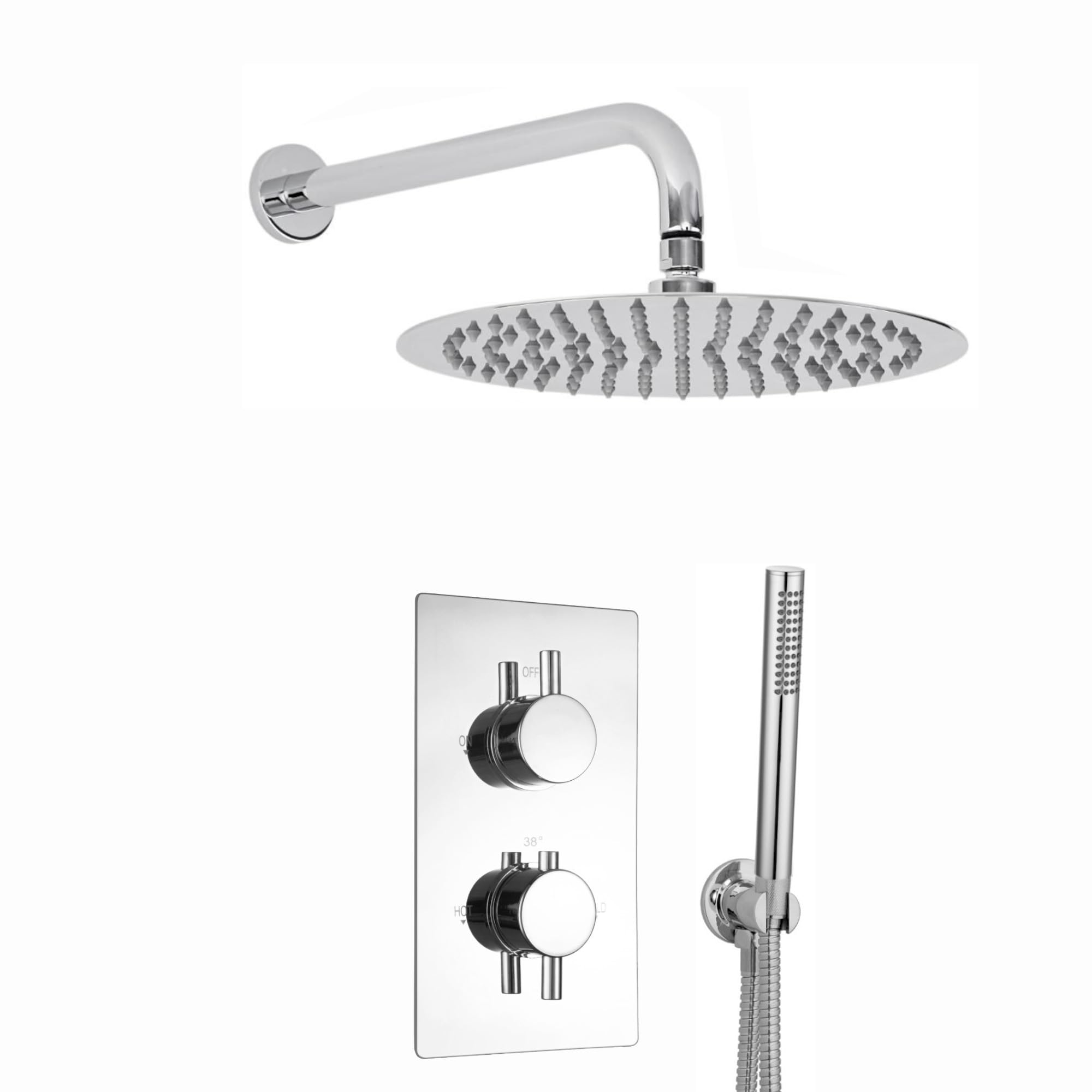 ENKI, Naples, SH0062, Contemporary Cross Concealed Thermostatic Shower Set Incl. Twin Valve, Wall Fixed 8" Shower Head, Handshower Kit - Chrome (2 Outlet)