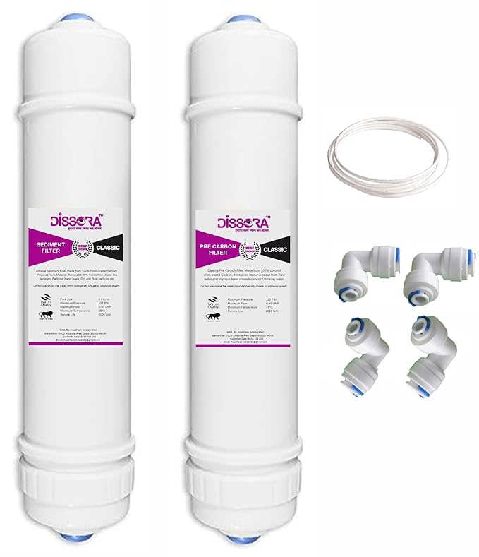 Dissora Classic 10 Inch Inline Sediment and Pre Activated Carbon Filter Cartridge Set, Compatible with All Brands RO UV UF Water Purifier