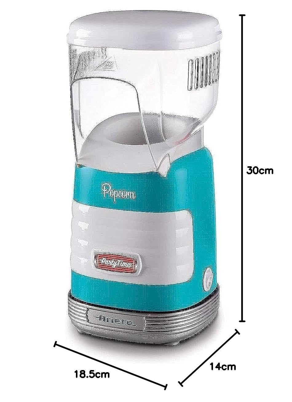 Ariete 2956/01 Máquina de Palomitas Party Time Popper, 1000 W, Compacta, Cocción con Aire Caliente, sin Grasas ni Condimientos, Azul Blanco