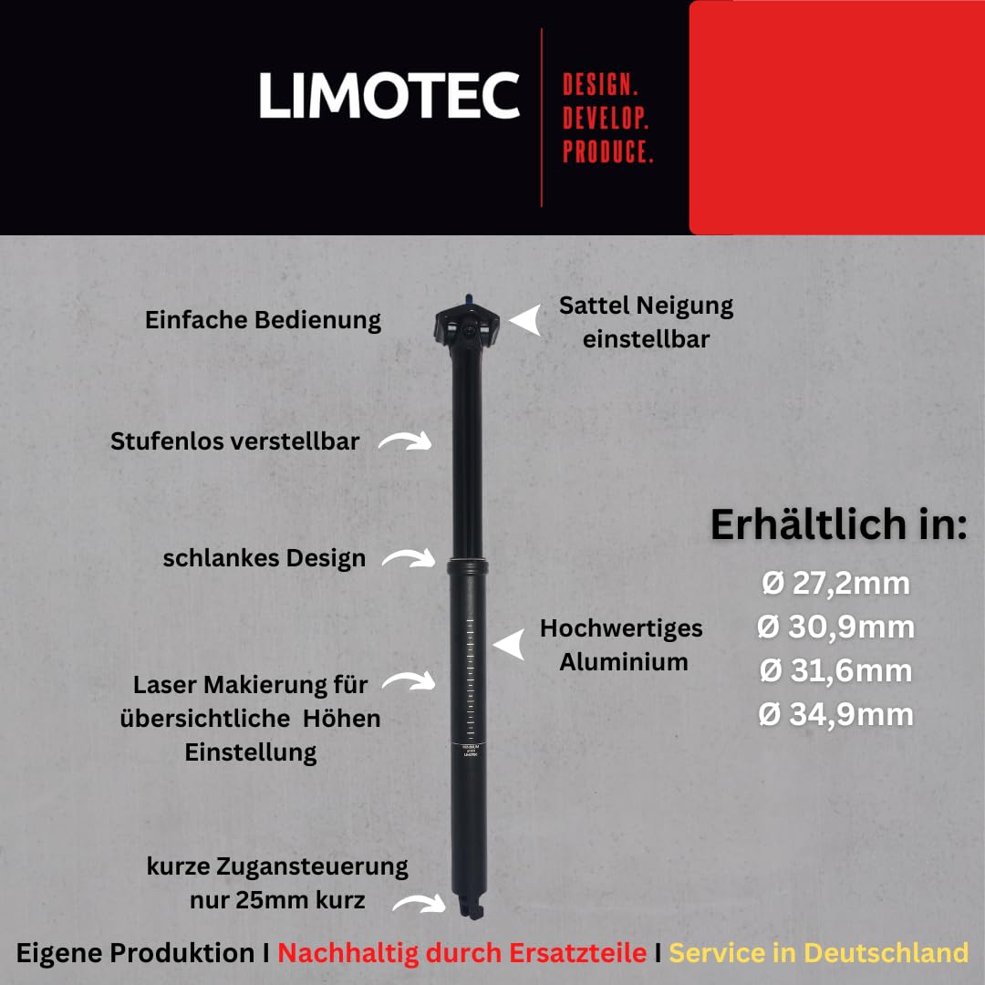 Limotec A1 Höhenverstellbare Vario Sattelstütze in 27,2/30.9/31.6/34.9Ø mit Hub 75/100/125/150/170/200mm aus Alu