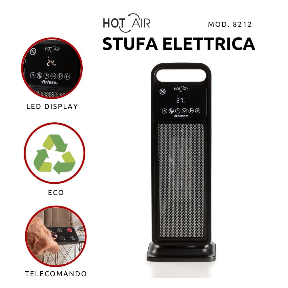 Ariete 8212 Stufa elettrica a torre, 2000W, Funzione ventilazione, Funzione oscillazione, Timer fino a 8 ore, Led display, Tecnologia ceramica, Basso consumo energetico, Nero