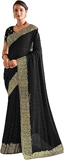 Satrani Women's Vichitra Silk Hot Fixing Embroidery Border Saree with Unstitched Blouse Piece