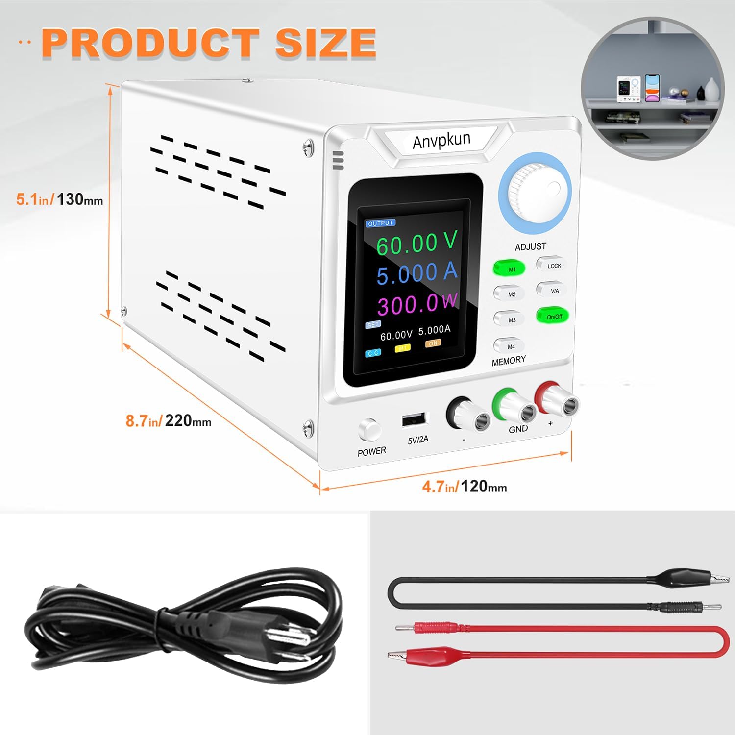DC Power Supply Variable, 0-60V 0-5A Adjustable Switching Regulated Bench Power Supply - LCD Display, 5V/2A USB Port, Intelligent Cooling | for Lab Testing, Electronic Repair & DIY