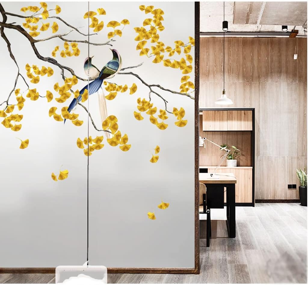 Window Privacy Film Window Film Chinese-style Ginkgo Leaf Flower and Bird Office Glass Sliding Door Window Sticker Window Privacy Film Light-transmitting Opaque Window Film Blackout Window Film Window