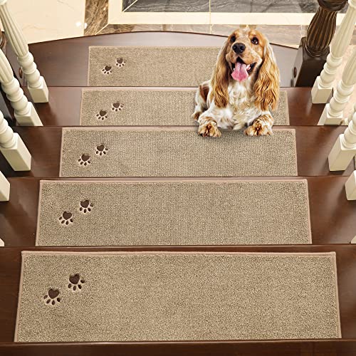BEQHAUSE Stufenmatten Treppen Teppich Stufenmatten Innen rutschfest 15 Stück, Maschinenwaschbare Treppenteppich für Kinder, Älteste und Haustiere, 100% Polyester TPE -Rücken, 22X70cm, Beige