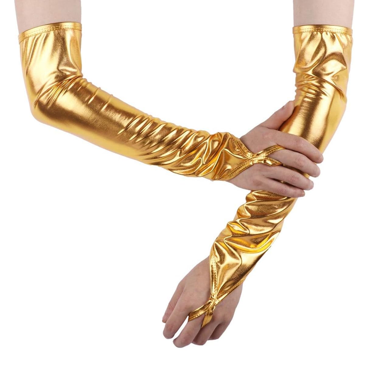 RuiChy Shiny Long Metallic Fingerless Gloves for Women, Patent Leather Elbow Length Opera Gloves Arm Warmer for Evening Party Masquerade Rave Cosplay Stage Performance Night Club Dancewear (Gold)