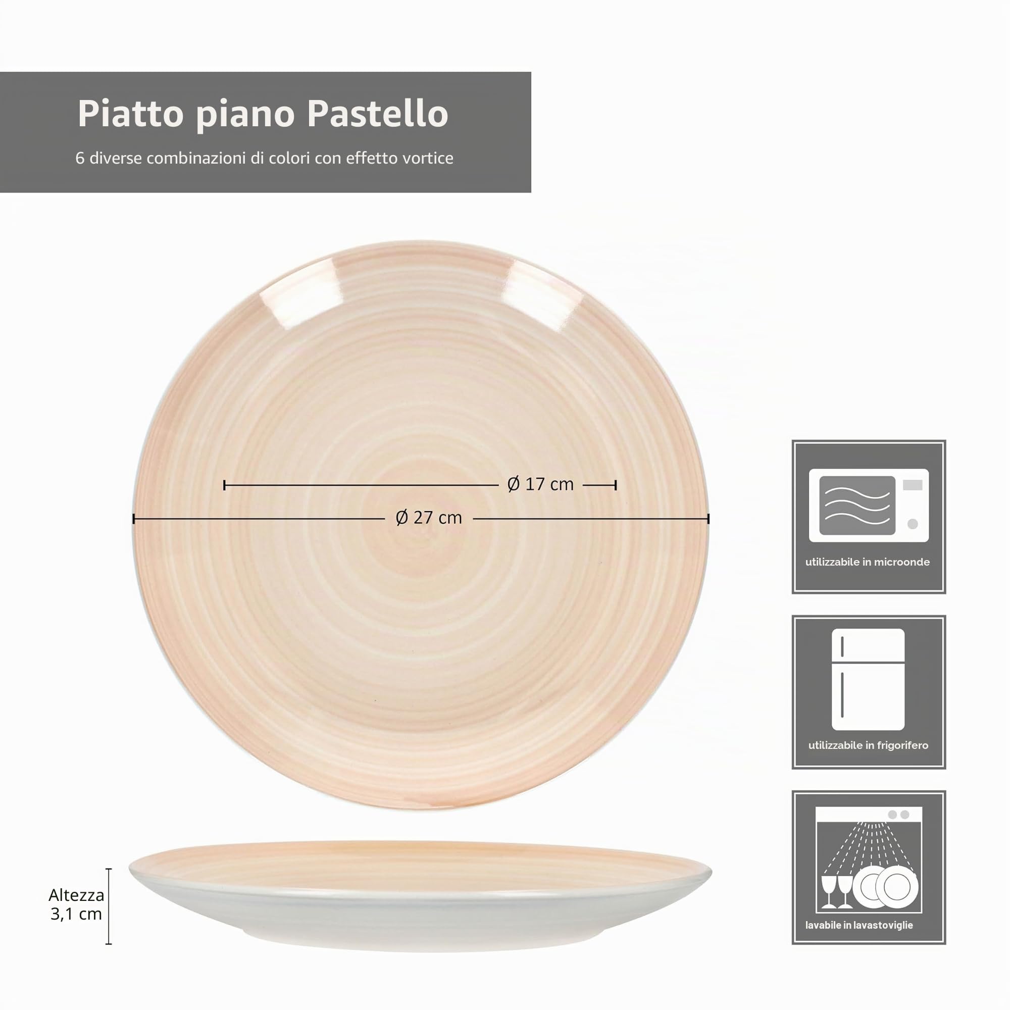 MamboCat Pastello - Set di 6 piatti piani, Ø 27 cm, piatti piani in gres colorato con colori pastello, per 6 persone, piatti grandi per pasti principali, per grigliare e Co