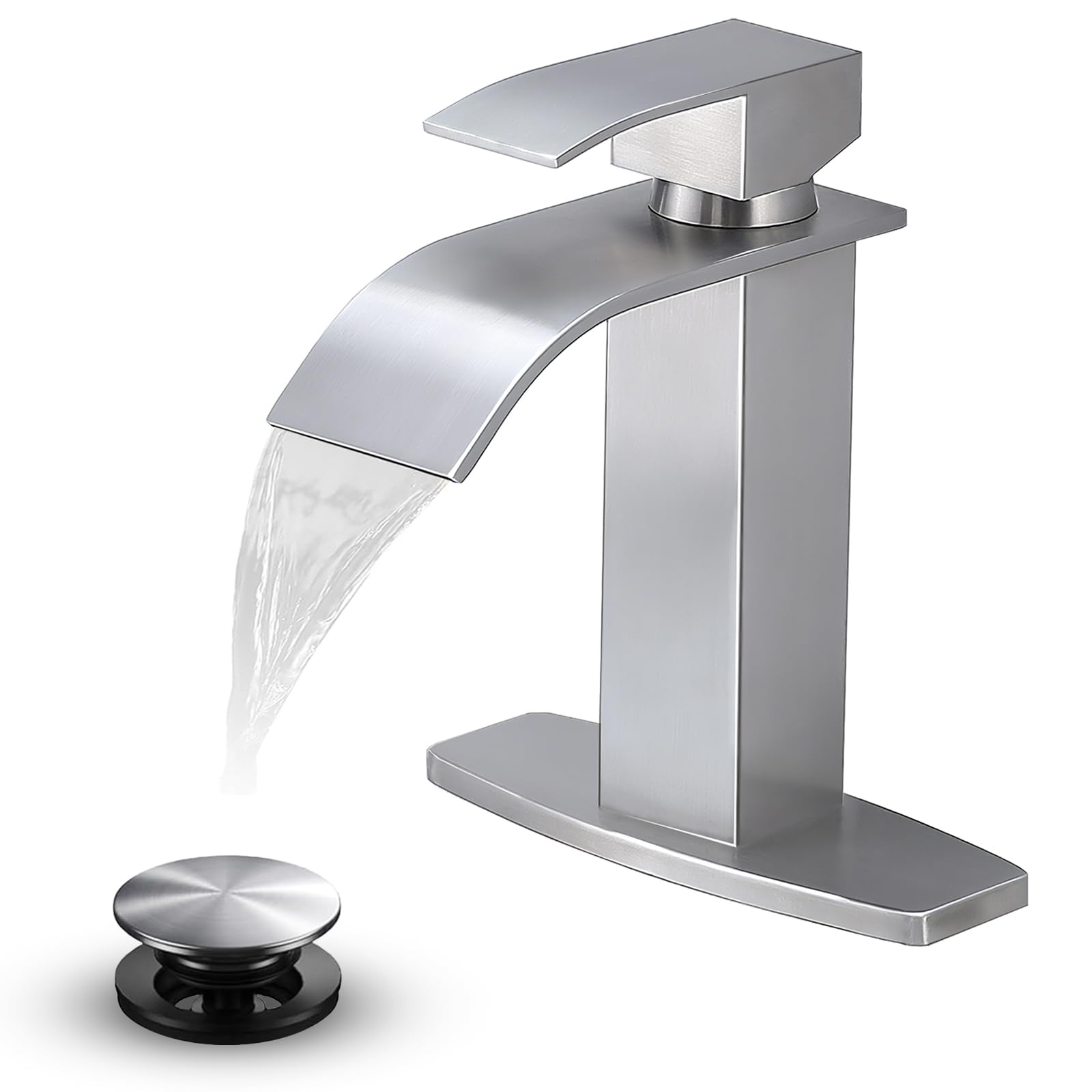 VAPSINT Brushed Nickel Waterfall Bathroom Faucet Modern Single Handle Bathroom Sink Faucet for 1 or 3 Hole Stainless