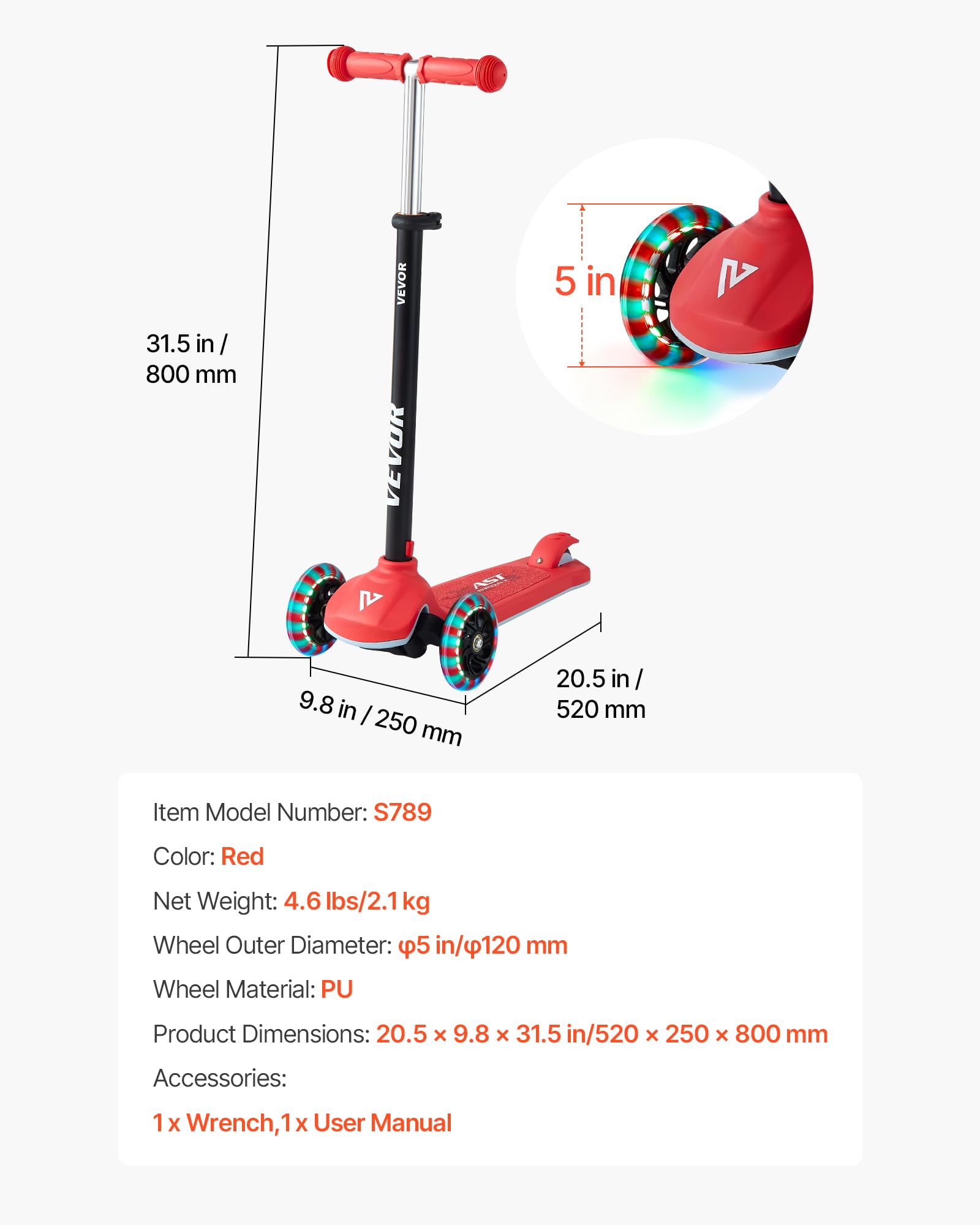 VEVOR Patinete 3 Ruedas, para Niños de 3 Años en Adelante, Ruedas Iluminadas, Manillar de Altura Ajustable, Base Antideslizante y Cuadro de Aluminio Ligero, hasta 75 kg, Rojo, 520 x 250 x 800 mm