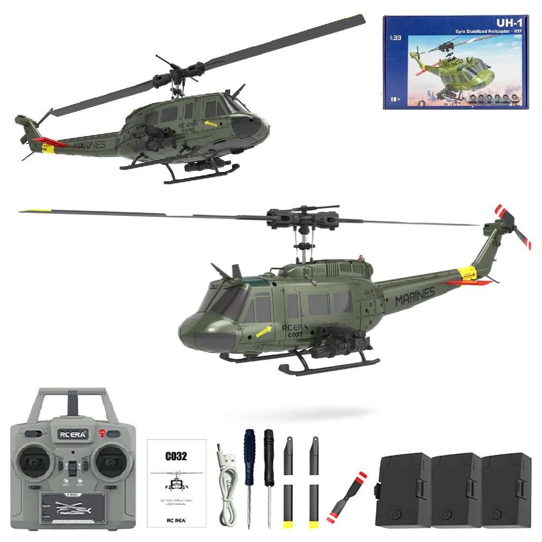 C032 UH-1 Huey Flybarless RC Era Elicotteri per adulti principianti, scala 1/48 6CH 2.4G stabilizzazione giroscopio a 6 assi, con mantenimento dell'altitudine e volo invertito 3D per gli