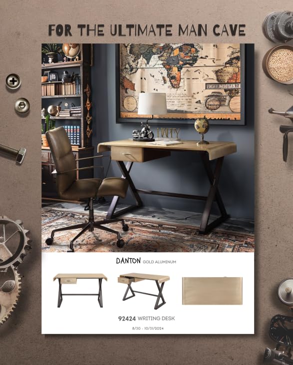 TREATLIFE HOME Create a Modern Workspace with Rectangular Writing Desk, Gold Aluminum Surface and Dark Brown Leather Legs for Home Office or Study