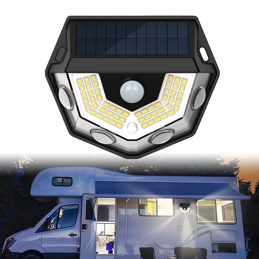Yofhpt Black Solar Rv Porch Light, Solar Motion Sensor Lights, Awning Lights, 4 Light Beads, 180° Luminous Surface, Waterproof Camper Outdoor Lights For Motorhome, Trailers, Campers