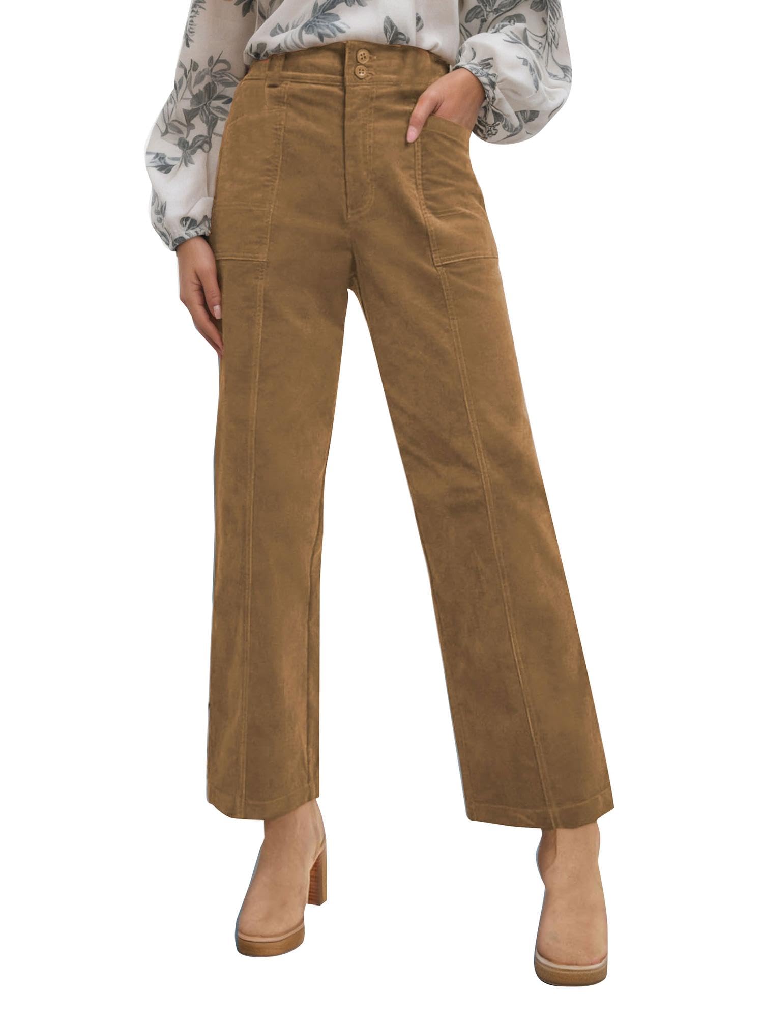 Womens Casual Winter Straight Elastic Waist Corduroy Pants with Pockets