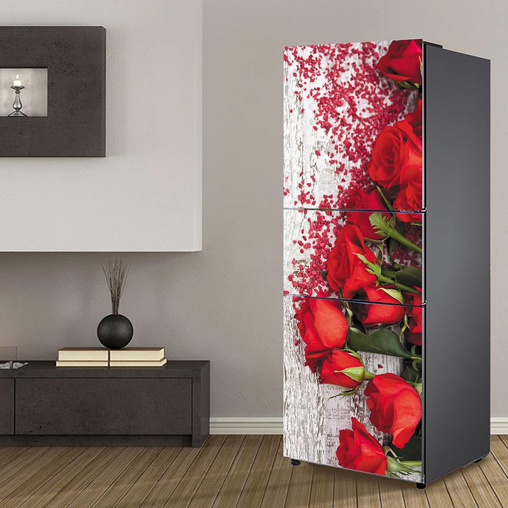 Targawerelax Red Fridge Wraps Kitchen Fridge Stickers Cover Full Doors, Fridge Sticker Full Covering Door Fridge Covers Skins Wall Stickers For Kitchen Decal, Romantic Rose Flower
