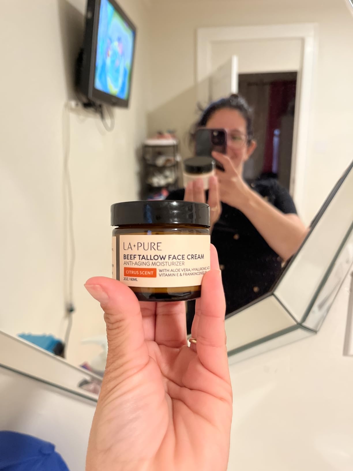 LA PURE Beef Tallow for Skin, Grass-Fed Tallow Face Cream with Aloe Vera, Hyaluronic Acid, Frankincense & Vitamin E to Hydrate, Firm, and Smooth Skin, Non-Greasy Moisturizer, Citrus Scent, 2 oz