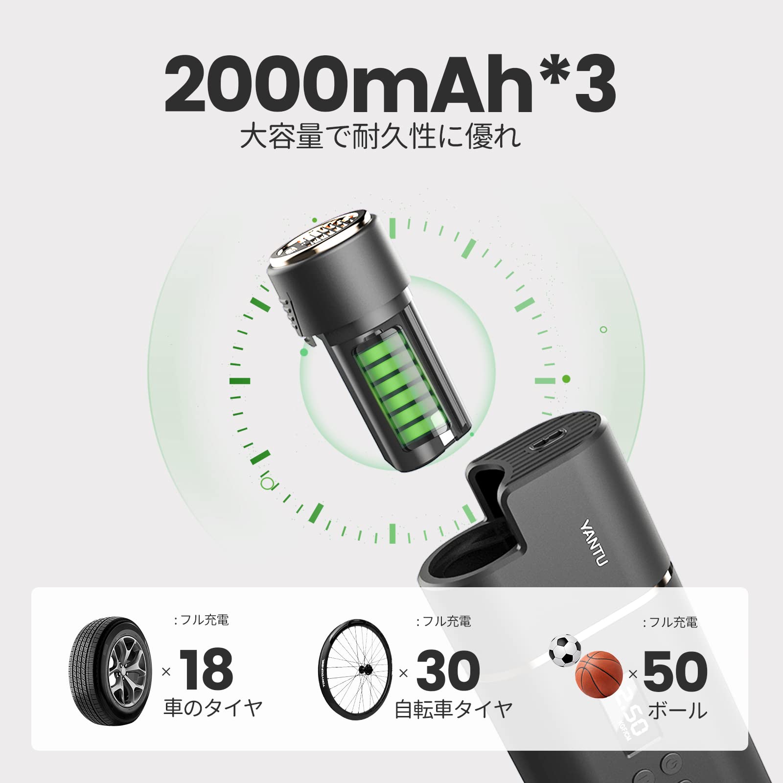 Amazon | YANTU エアコンプレッサー 車 空気入れ 6000mAH USB充電式 