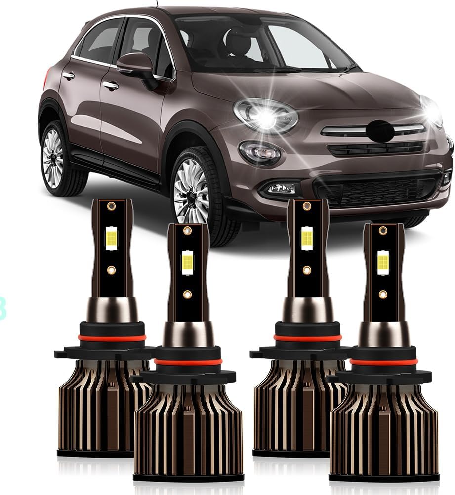Fit For Fiat 500 2012 2013 2014 2015 2016 2017 2018 2019 High Low Beam Lights Bulbs, 9012 HIR2 Powersports Bulbs, 6000K White, 30000LM 400% Brightness, Plug and Play, Pack of 4