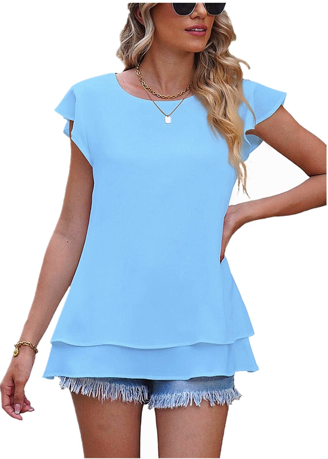 Lime Flare Women Dressy Double Layers Business Casual Blouse Tshirt Tops Summer Tunic Shirt