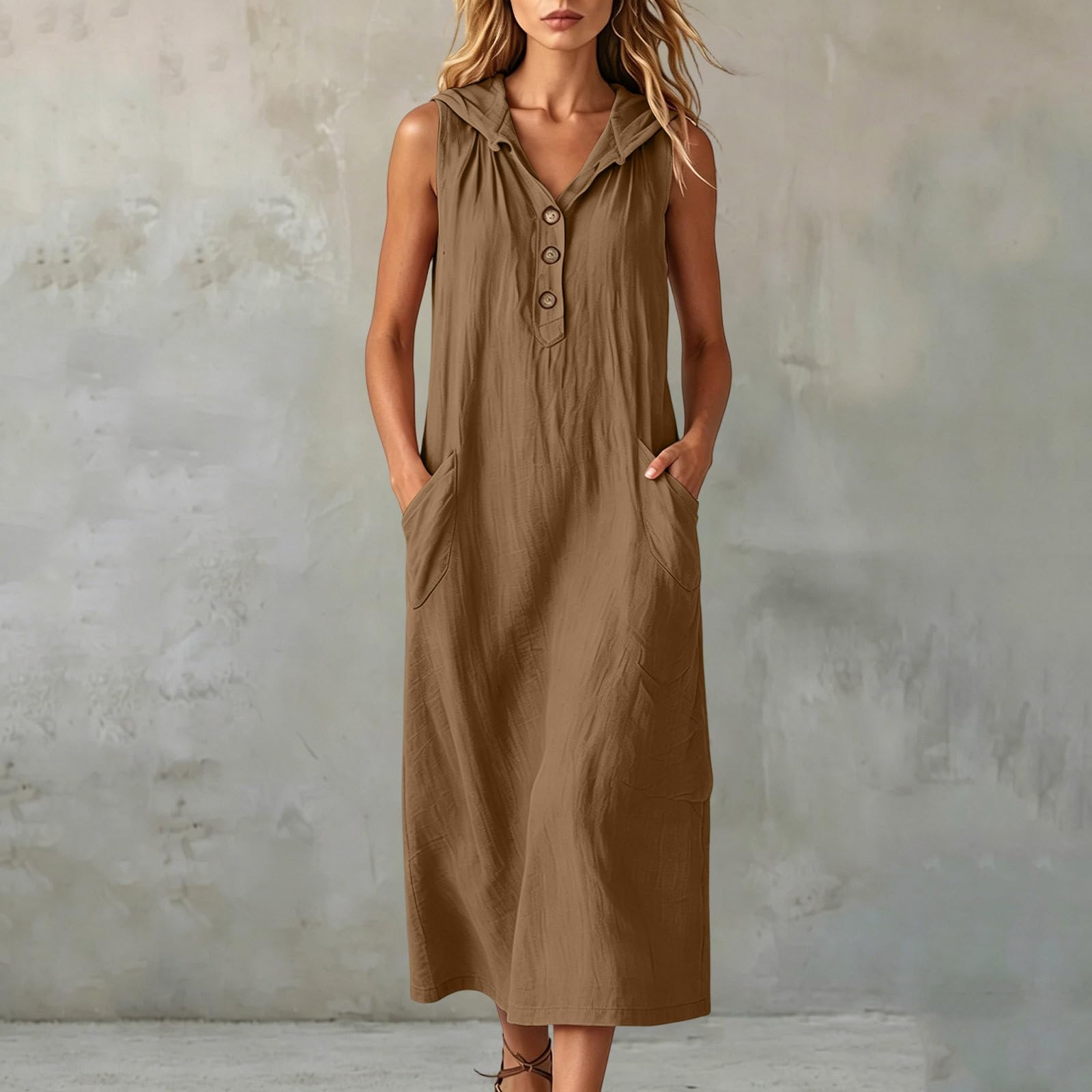 Generico Vestiti Estivi Donna Lunghi Lino Vestiti Cotone Scollo a V Morbidi Vestito Largo con Bottoni Abito Estivo Tinta Unita Comodo e FLuidi Vestito Mare Taglie Forti Abito Curvy Estate Mare