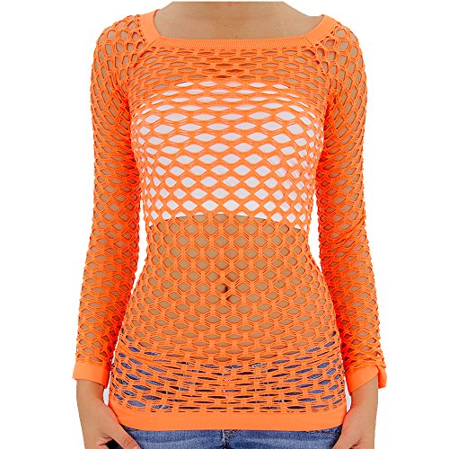 TD Collections Nylon Fishnet Long Sleeve Top Go Go Dance Wear (Small/Medium, Neon Orange)