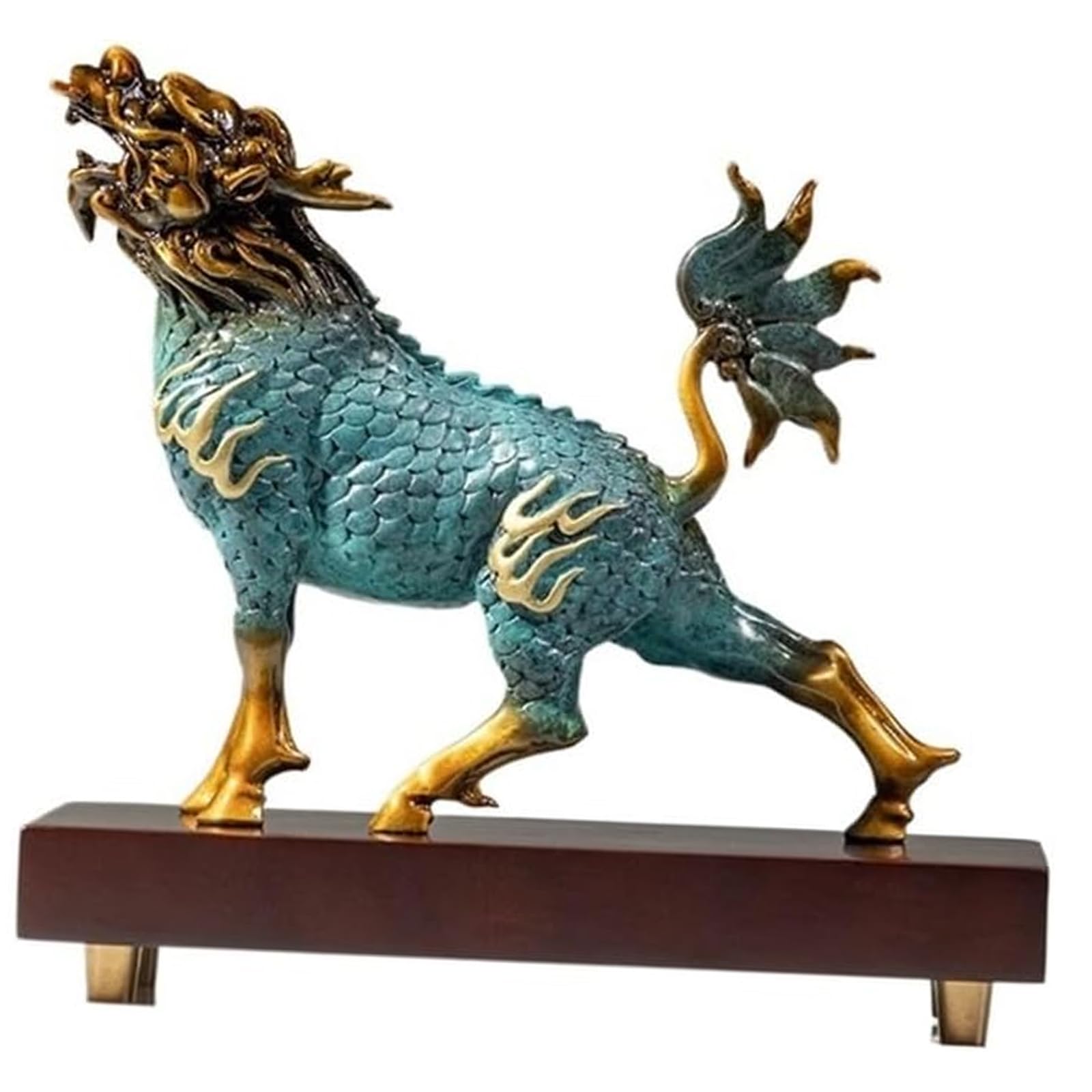 Wo Lai Gou Home Decor Figurines Copper Unicorn Ornaments, Coloured Brass Qilin Statue, Feng Shui Kylin Sculpture, Auspicious Wealth & Protection Figurine With Wooden Base For Office Decor