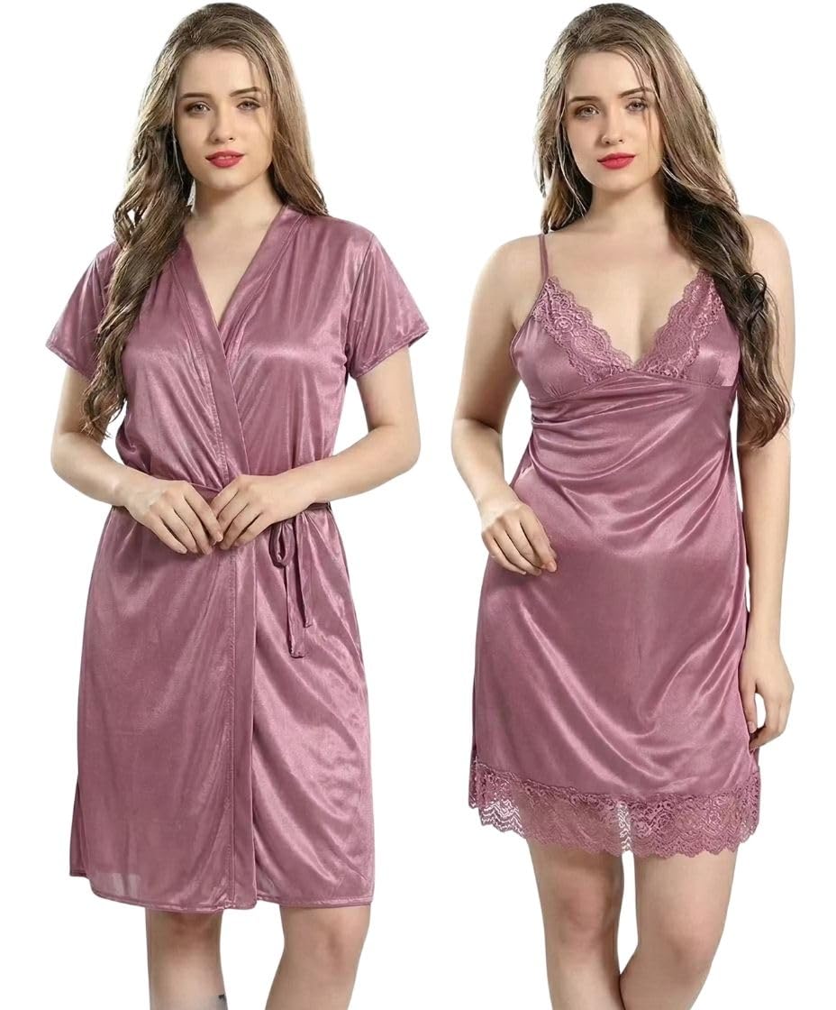 Nighty for Women Stylish - Satin Nightwear Set with Robe, Fancy Hot Night Dress for Women, Bridal Satin Sleepwear Set-image-27
