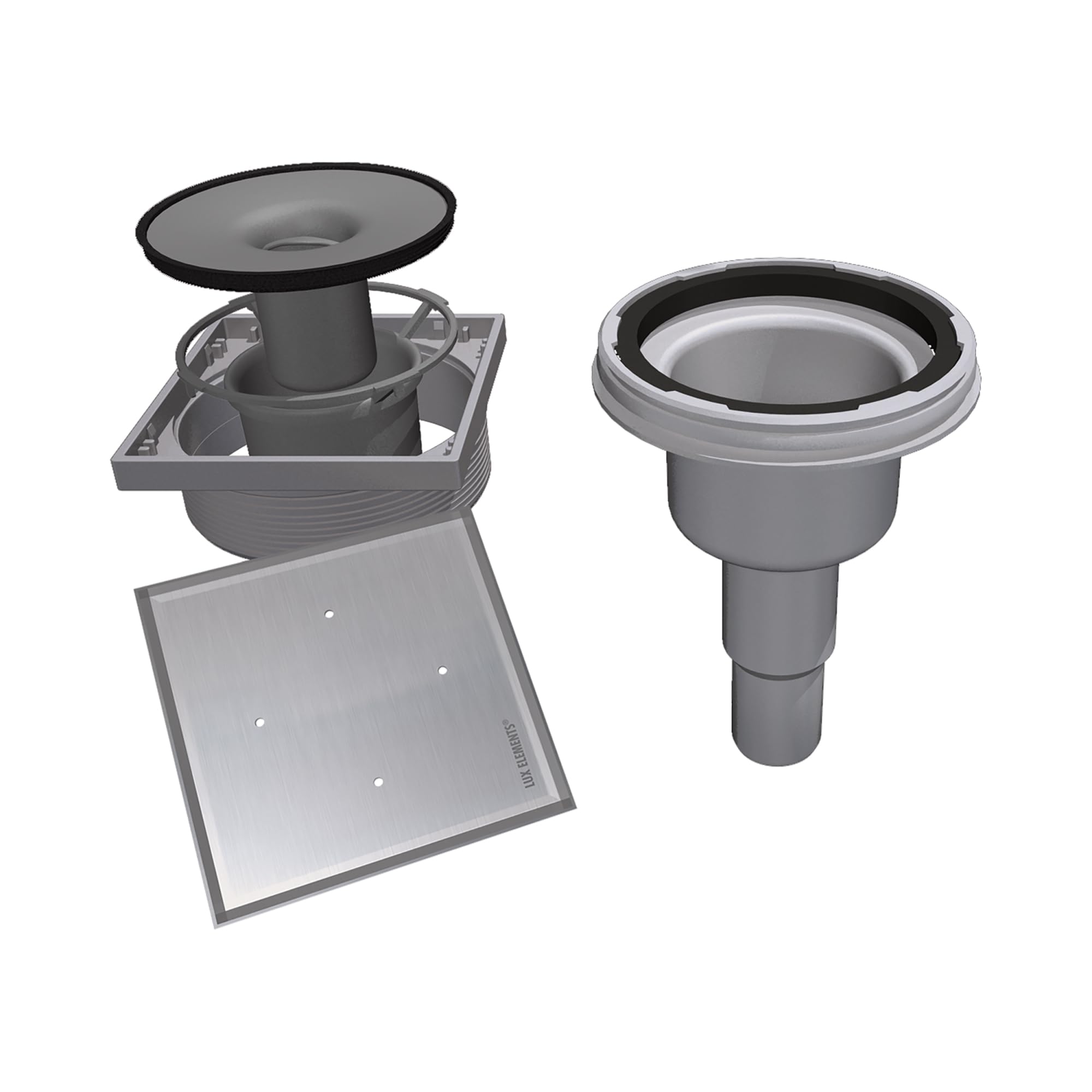 LUX ELEMENTS Senkrechter Ablauftopf TUB-BAS-DV 100 I Ablauftopf mit befliesbarem Rost aus Edelstahl inkl. Geruchsverschluss für Duschböden mit Punktablauf