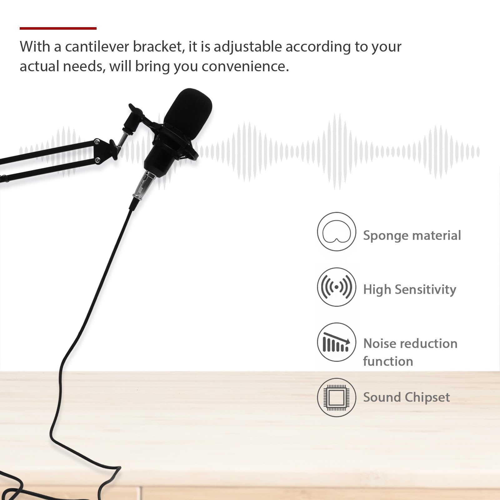 Ciieeo 11 Pezzi Kit Microfono Condensatore per Live Broadcast e Voce | Capacità 1765 Mah, Nero, Supporto a Cantilever Incluso, Metallo e Spugna-plastica