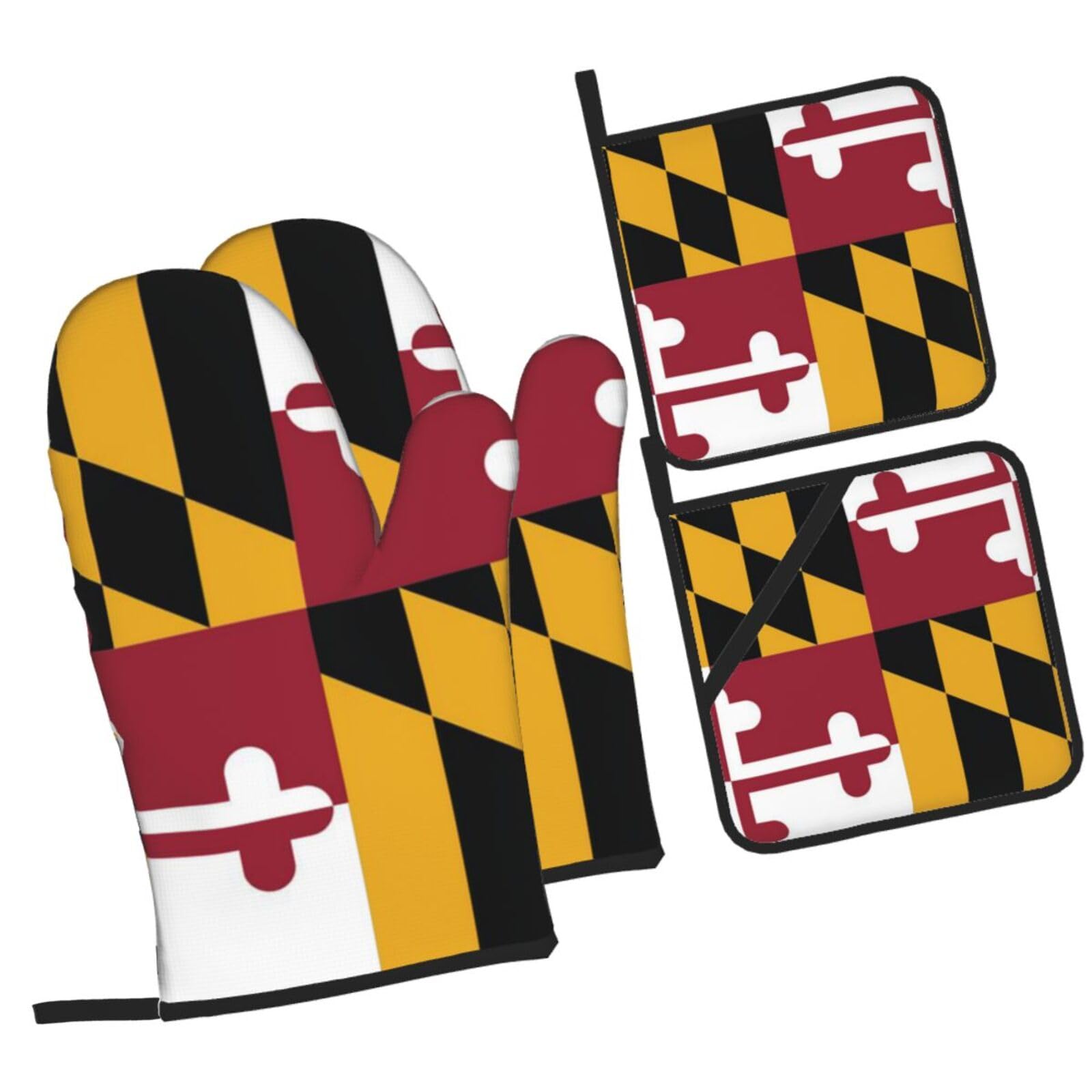 Flag of Maryland Printed Oven Mitts and Pot Holders Heat Resistant Set of 4 Pcs, Modern Kitchen Gloves & Potholders for Cooking Baking Grilling