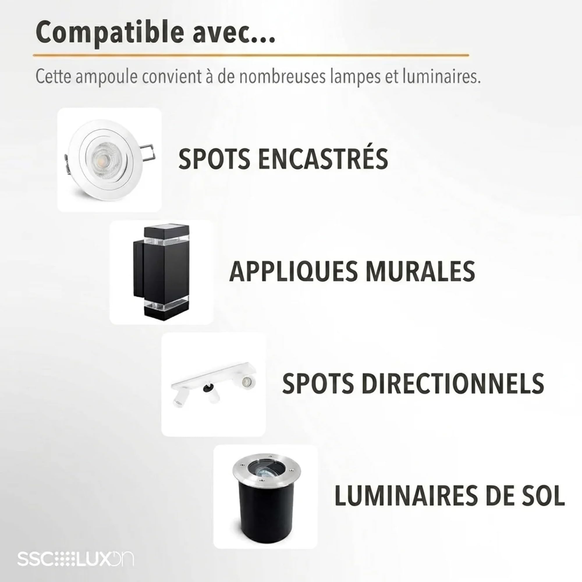SSC-LUXon fourSTEP GU10 - lot de 10 ampoules LED 4W 4000K blanc neutre | Se remplace en un geste, sans outil ni application, pour un confort lumineux immédiat et des économies d'énergie durables.