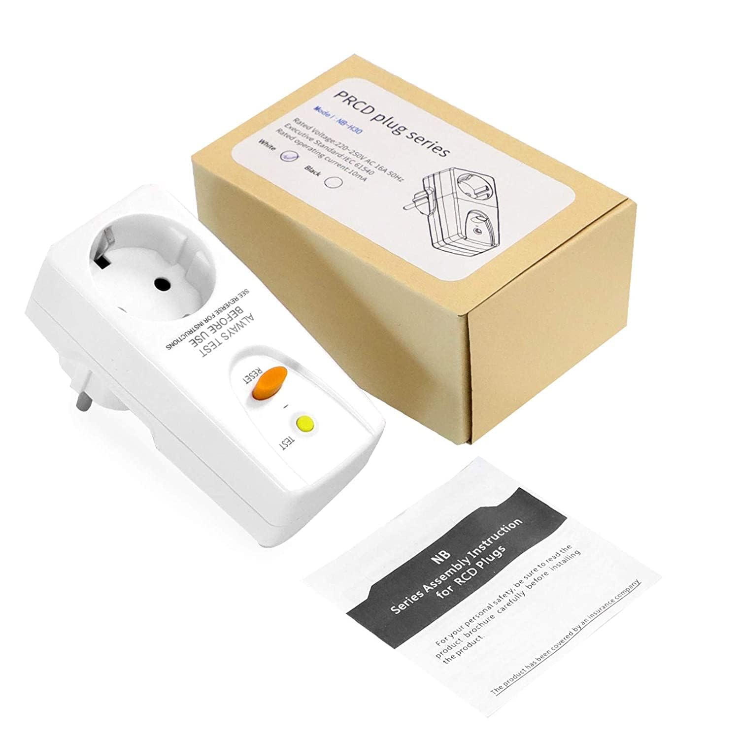 Prise de disjoncteur Fi - Anti-fuites et chocs électriques - Contact de protection 10 mA - 230 V - 16 A - Convient pour appareils ménagers et outils