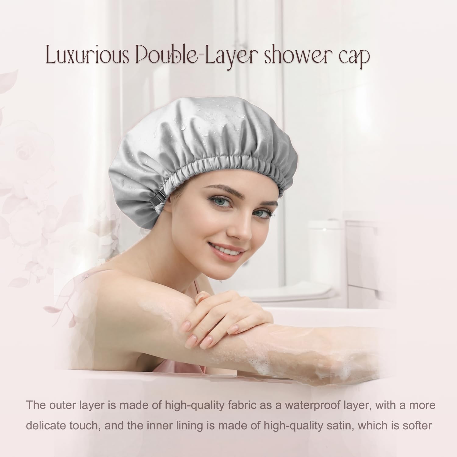 Gorro de ducha para mujer, gorro de ducha con forro de seda de lujo, lavable a máquina, tamaño ajustable y reutilizable, gorro de ducha grande de satén para todo el cabello gris
