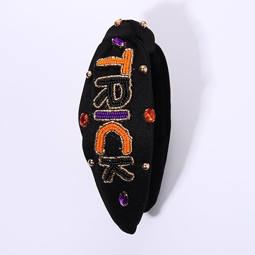 Vista 27 de Diademas de Halloween para mujer, diadema anudada con cuentas de truco o trato, diadema con nudo superior con diamantes de imitación, accesorio