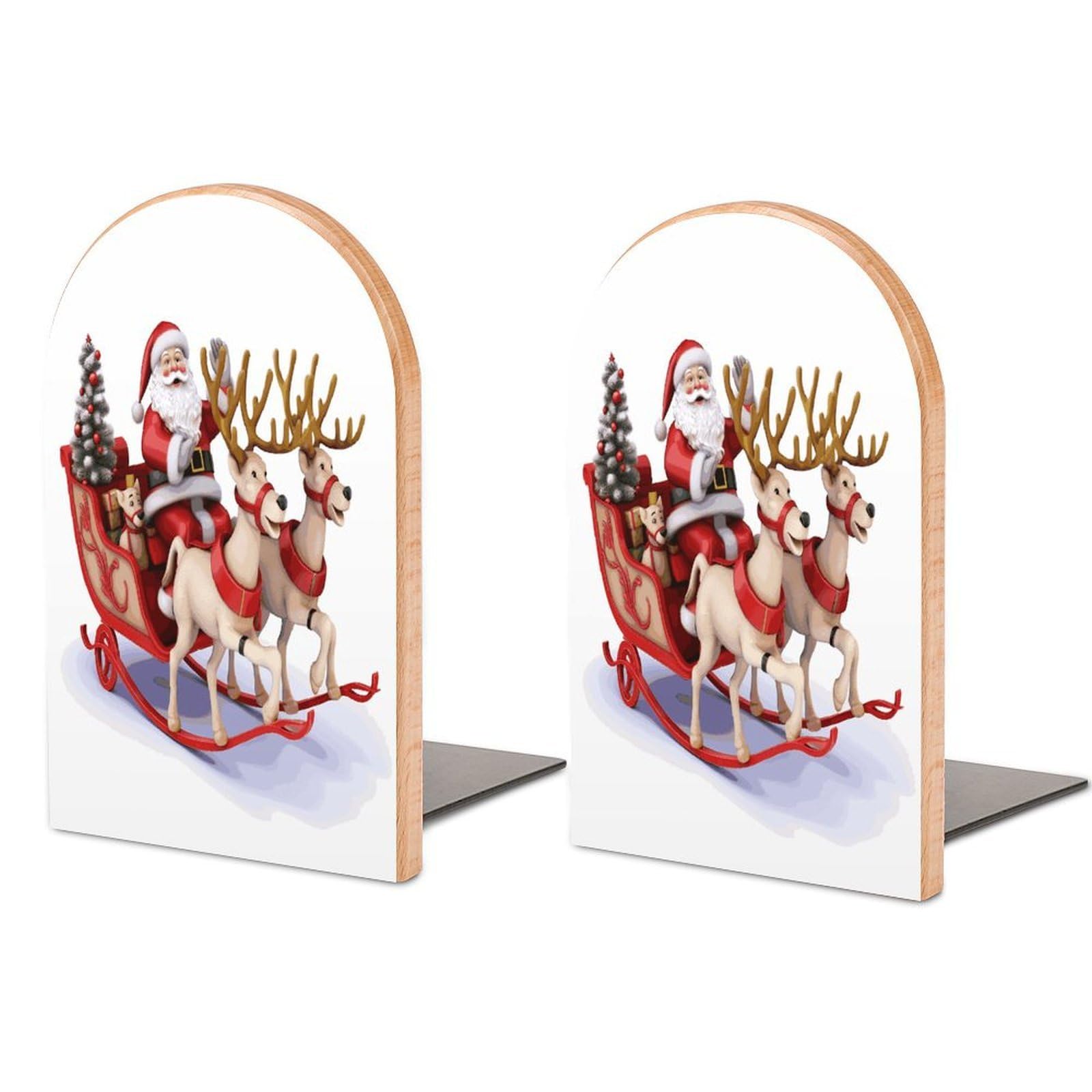 Santa Claus Reindeer Sled Bookend for Shelves Non-Skid Book Holder Modern Heavy Duty Bookend Stopper Metal Base Wood Book End Books Shelf Holder Home Decorative 1pair 5x3.9x3.1