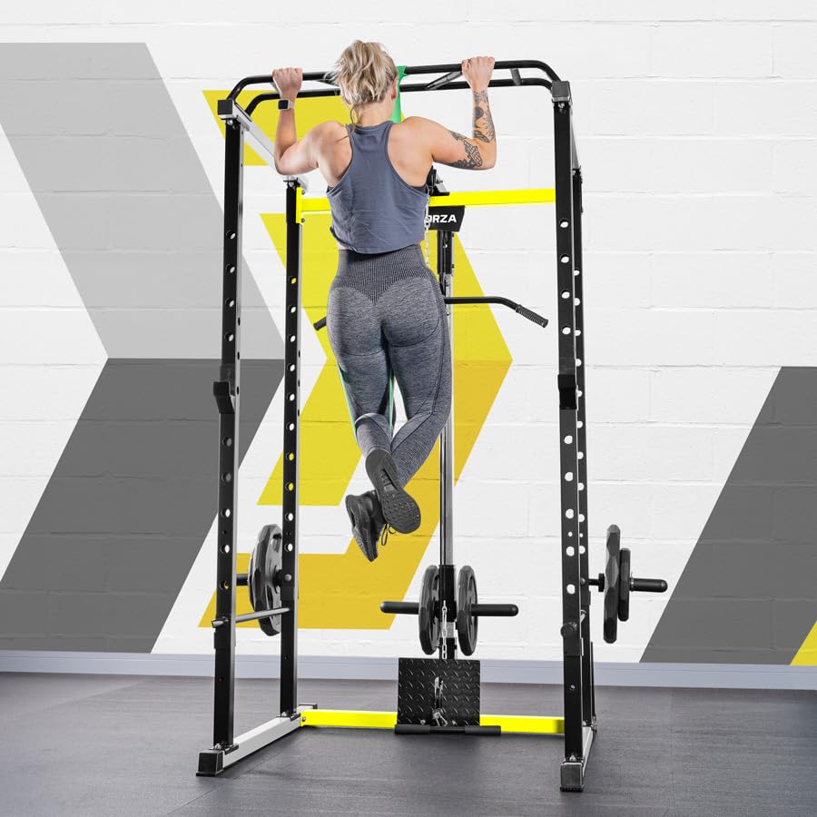 FORZA Power Rack con barra per trazioni, barre per dip, ganci a J e ganci di sicurezza, gabbia per squat resistente per allenamento in casa e in palestra