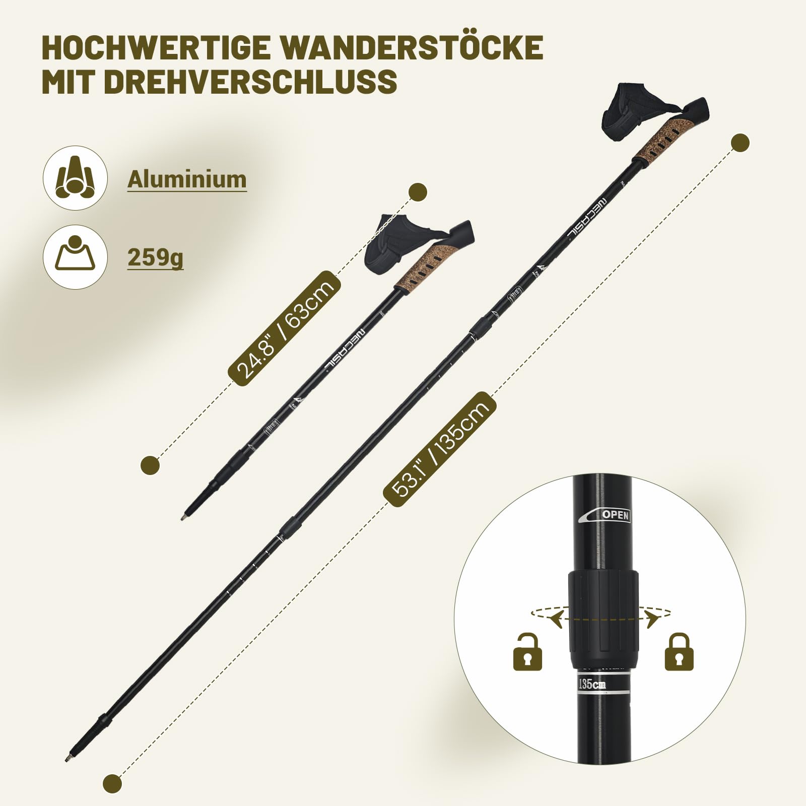 Trekkingstöcke Faltbar, Wanderstöcke 7075 Aluminium Ultraleicht, Verstellbar 62-135cm mit Korkgriff, Nordic Walking Stöcke 2er Set für Damen & Herren