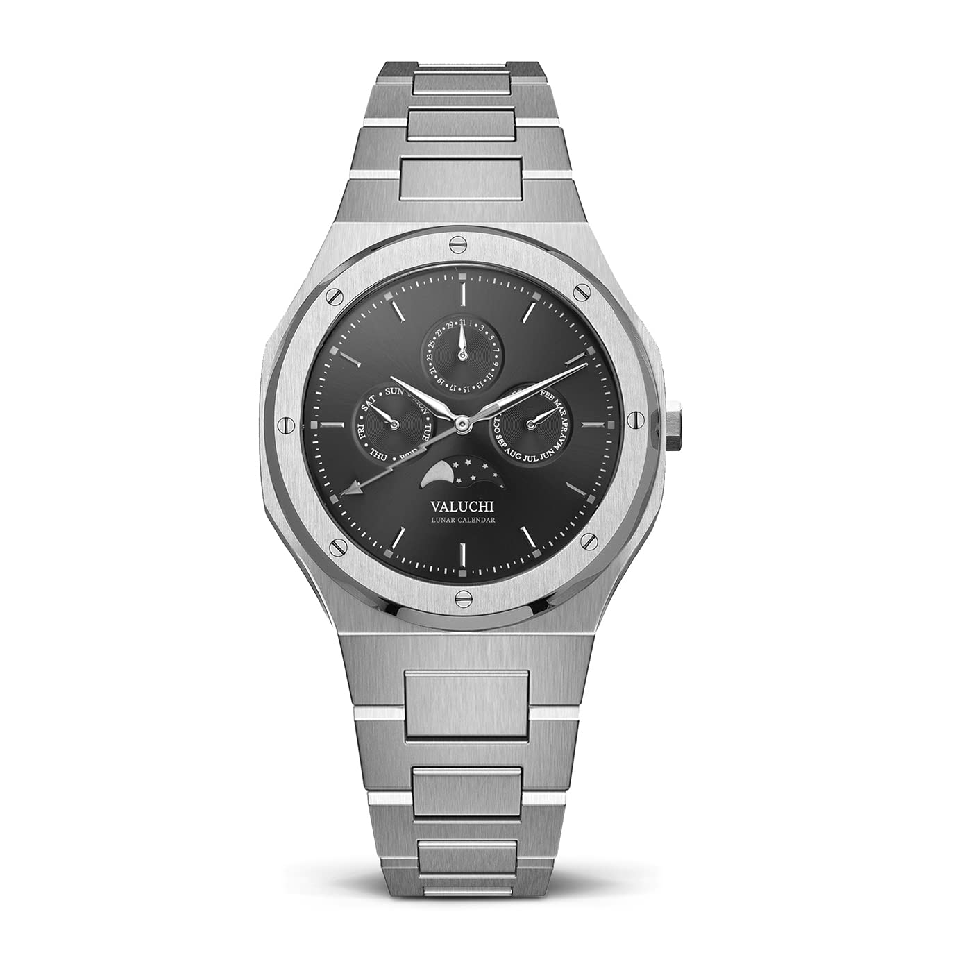 Valuchi Luxury Fashion Men's Lunar Calendar Waterproof Stainless Steel Moonphase Sapphire Glass Japa