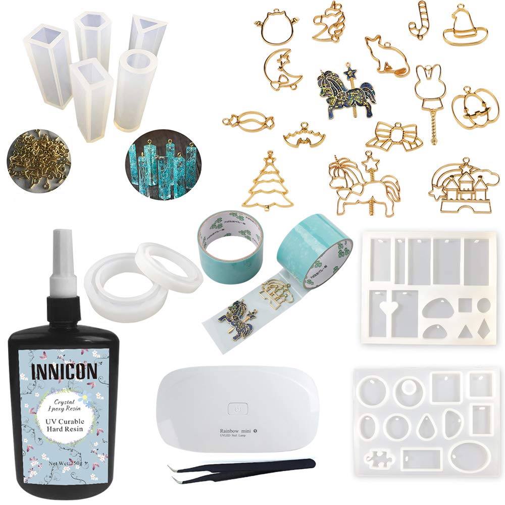 INNICON 250g Ultraviolet Resin Clear UV Glue 9X Silicone Molds 12 Glitter Sequins 14x Open Back Bezels Traceless Tape with Lamp Tweezers for Jewelry Making Pack Necklaces Earrings Making