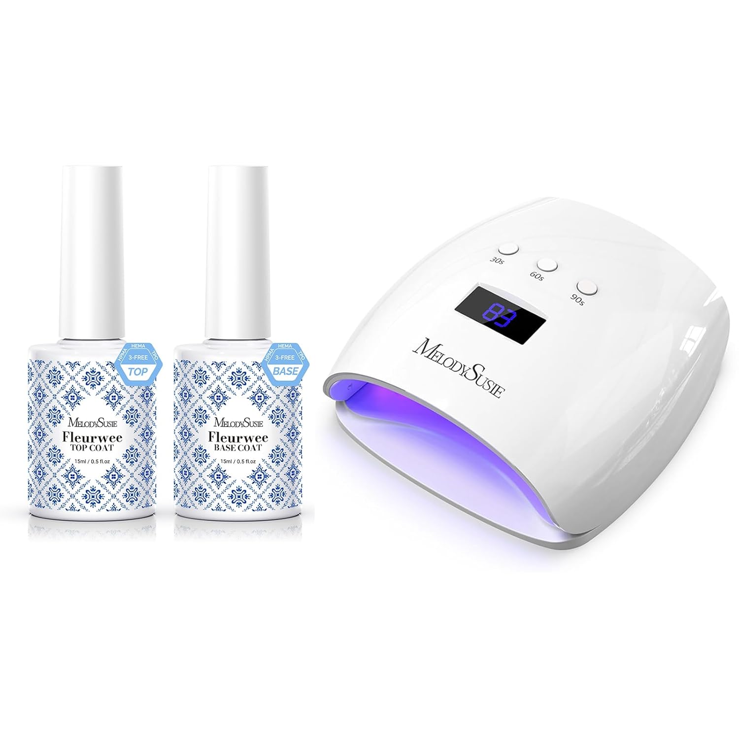 Melodysusie UV Nail Lamp, Plus30I UV Light and Fleurwee Hema Free Gel Polish Top Coat and Base Coat Set