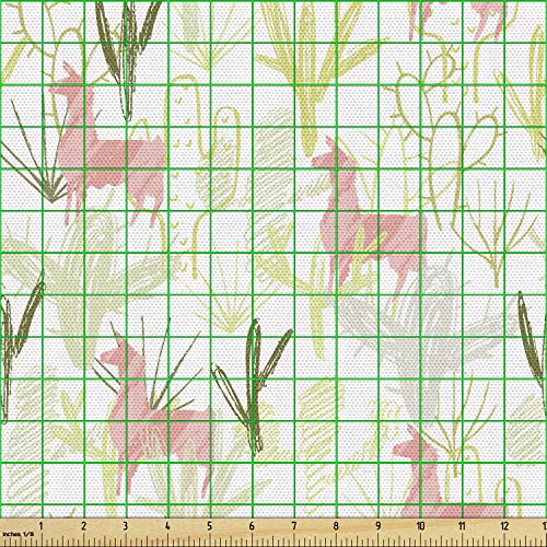 Image of Ambesonne Cactus Print Fabric by The Yard, Hand Drawn Scribbled Layout of Animals Cacti and Greenery, Decorative Fabric for Upholstery and Home Accents, 1 Yard, White Green