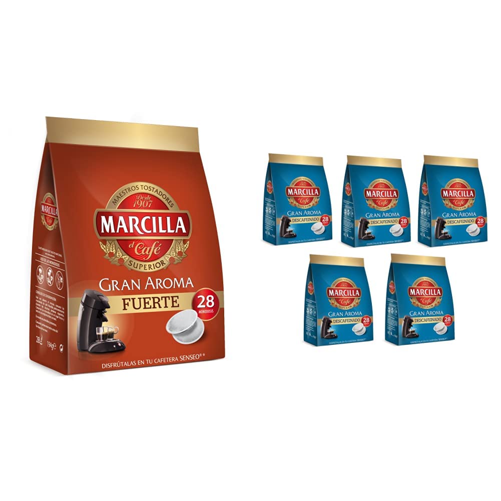 Marcilla Café Fuerte para Máquina Senseo - 5 Paquetes de 28 Monodosis (Total 140) & Gran Aroma Descafeinado - Pack de 5
