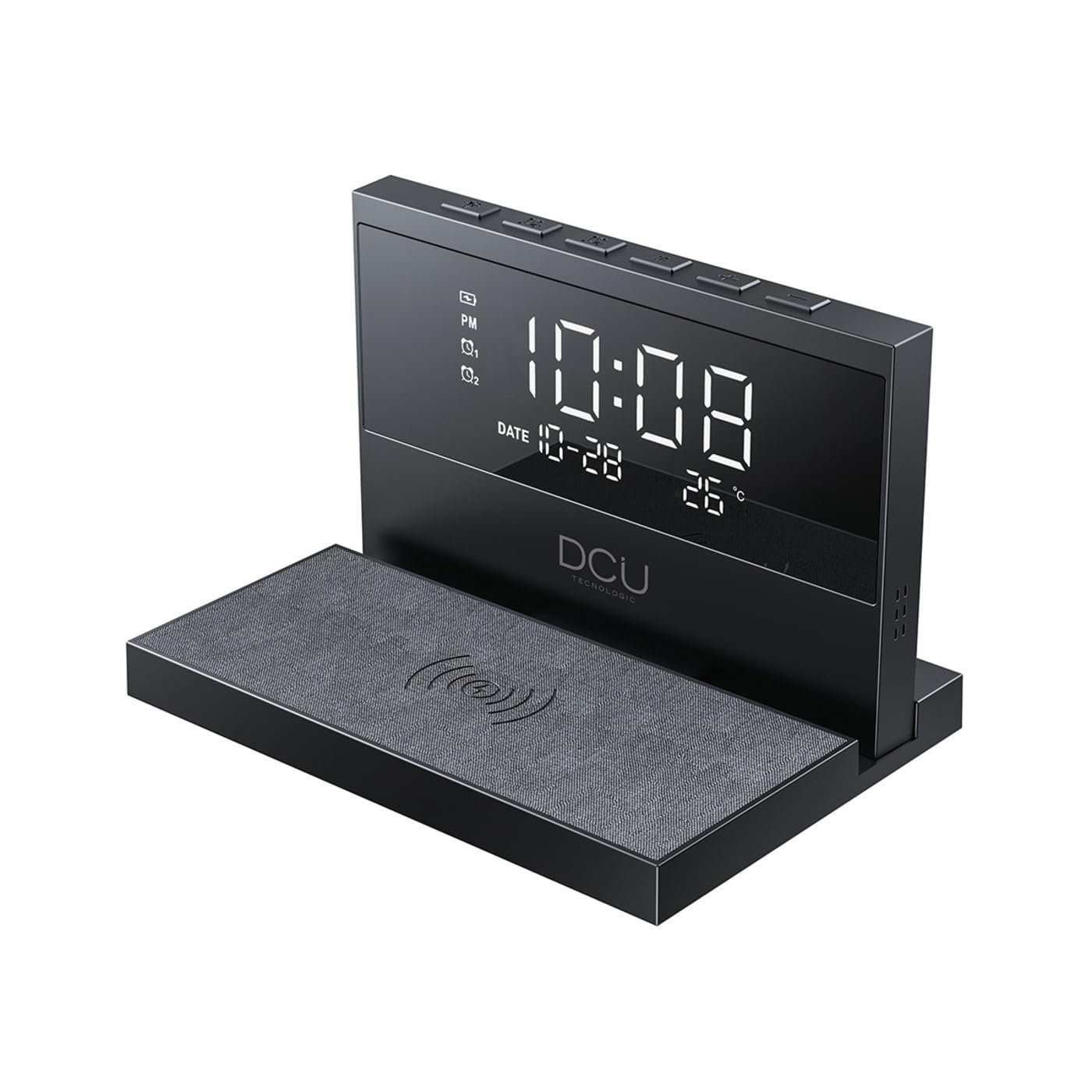 DCU TECNOLOGIC - Reloj Despertador de Sobremesa - Carga Rápida Inalámbrica - Luz Nocturna Ajustable - 2 Alarmas Personalizables