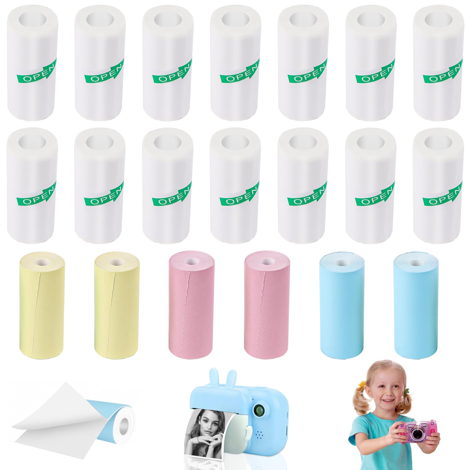 Lot de 20 rouleaux d'autocollants pour mini imprimante, papier thermique blanc et multicolore pour appareil photo enfant