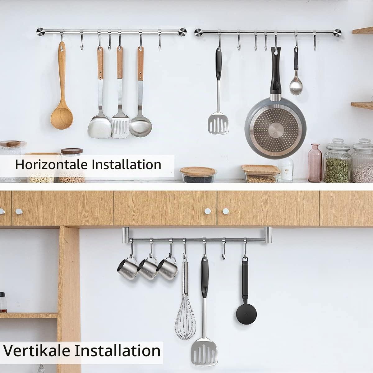 Audmore Küchenutensilien-Rack, 2 Stück, 39.6 cm Töpfe und Pfannen, Hängeregal zur Wandmontage, 304 Edelstahl-Deckel, Kochutensilienaufhänger, 7 Schiebehaken für Spatel, Messbecher, Kaffeebecher