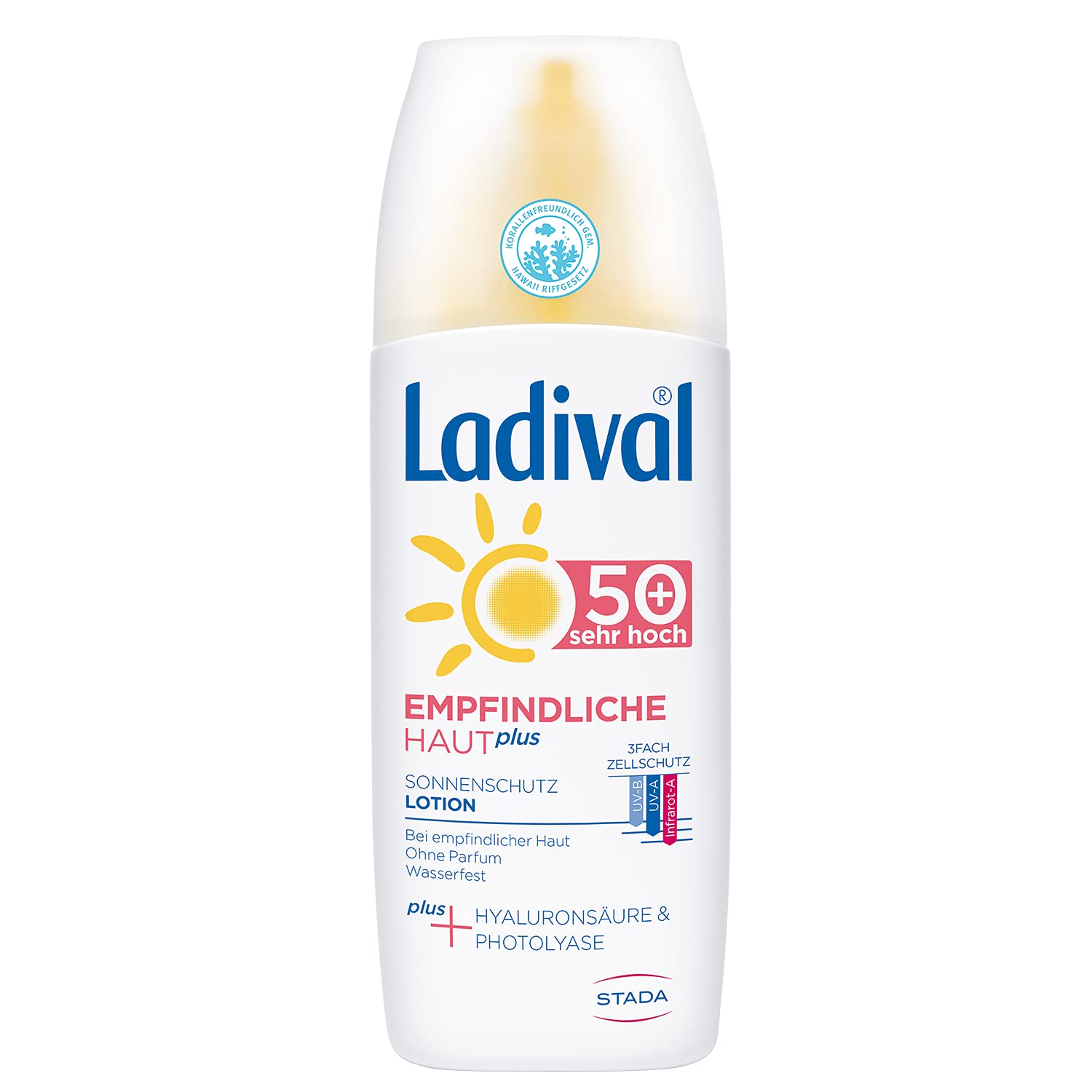 Ladival Spray protector solar para pieles sensibles y protección solar SPF 50+, sin perfume, sin colorantes ni conservantes, resistente al agua, 150 ml